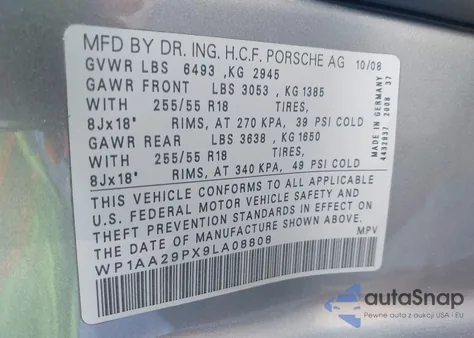 2009 Porsche Cayenne z USA, uszkodzony, nr VIN WP1AA29PX9LA08808